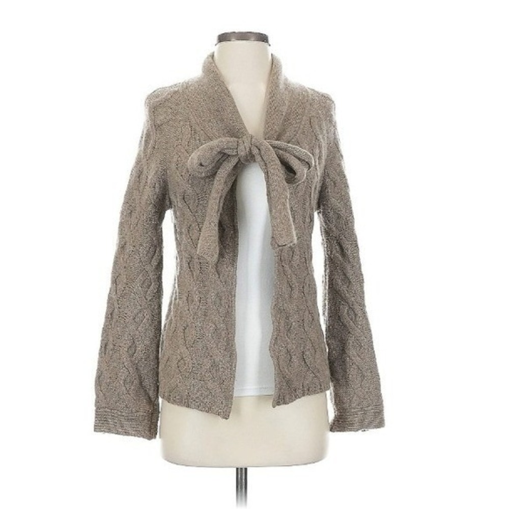 Ochre Cashmere Cable Knit Bow Tie Front Cardigan Sweater Taupe S M Coquette